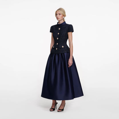 Navy Metallic Boucle Taffeta Midi Dress