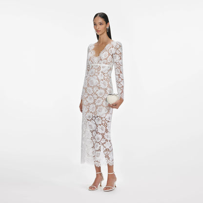 White Floral Lace Midi Dress