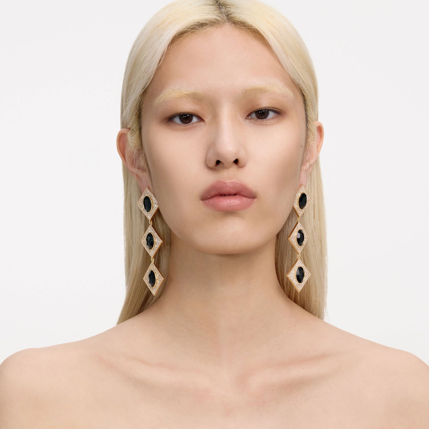 Gold Crystal Black Tiered Earrings