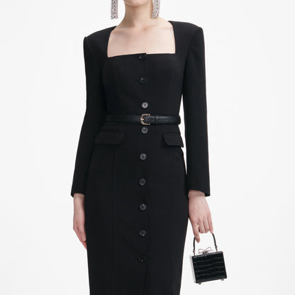 Black Tailored Crepe Midi Dress
