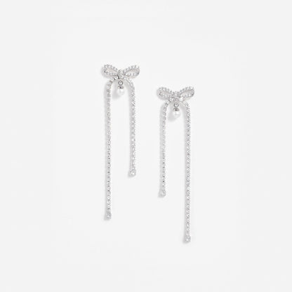 Crystal Bow Pearl Dangle Earrings
