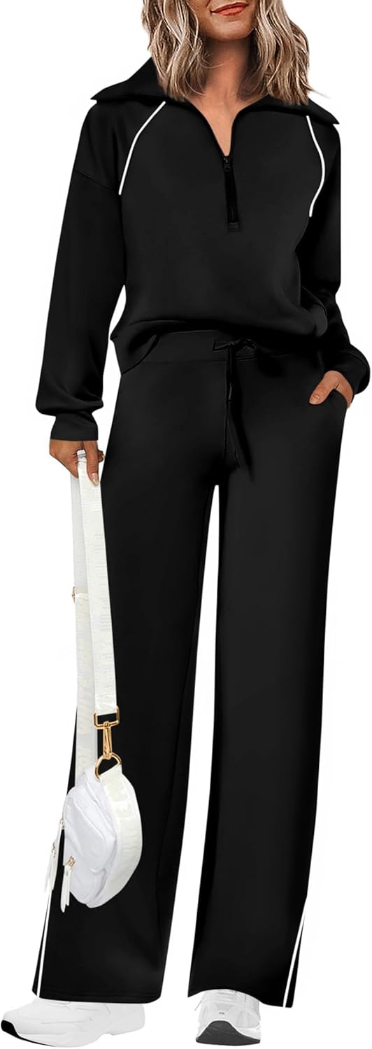 Women's 2 Piece Outfits Casual Lapel Half Zip Sweatshirts and Wide Leg Pants Tracksuit Sets