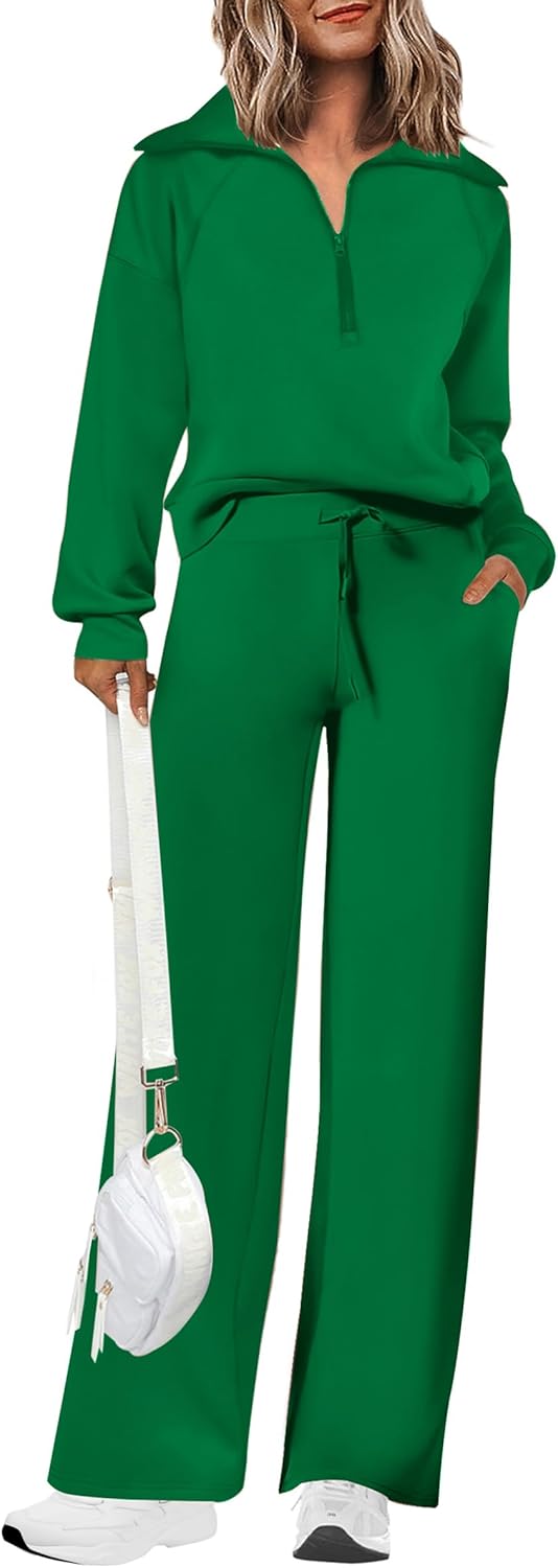 Women's 2 Piece Outfits Casual Lapel Half Zip Sweatshirts and Wide Leg Pants Tracksuit Sets
