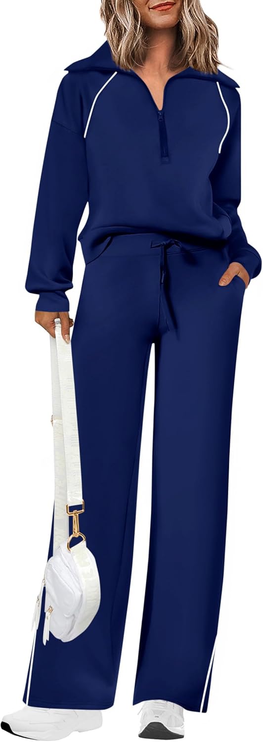 Women's 2 Piece Outfits Casual Lapel Half Zip Sweatshirts and Wide Leg Pants Tracksuit Sets