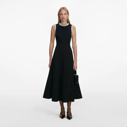 Black Crepe Pearl Trim Midi Dress