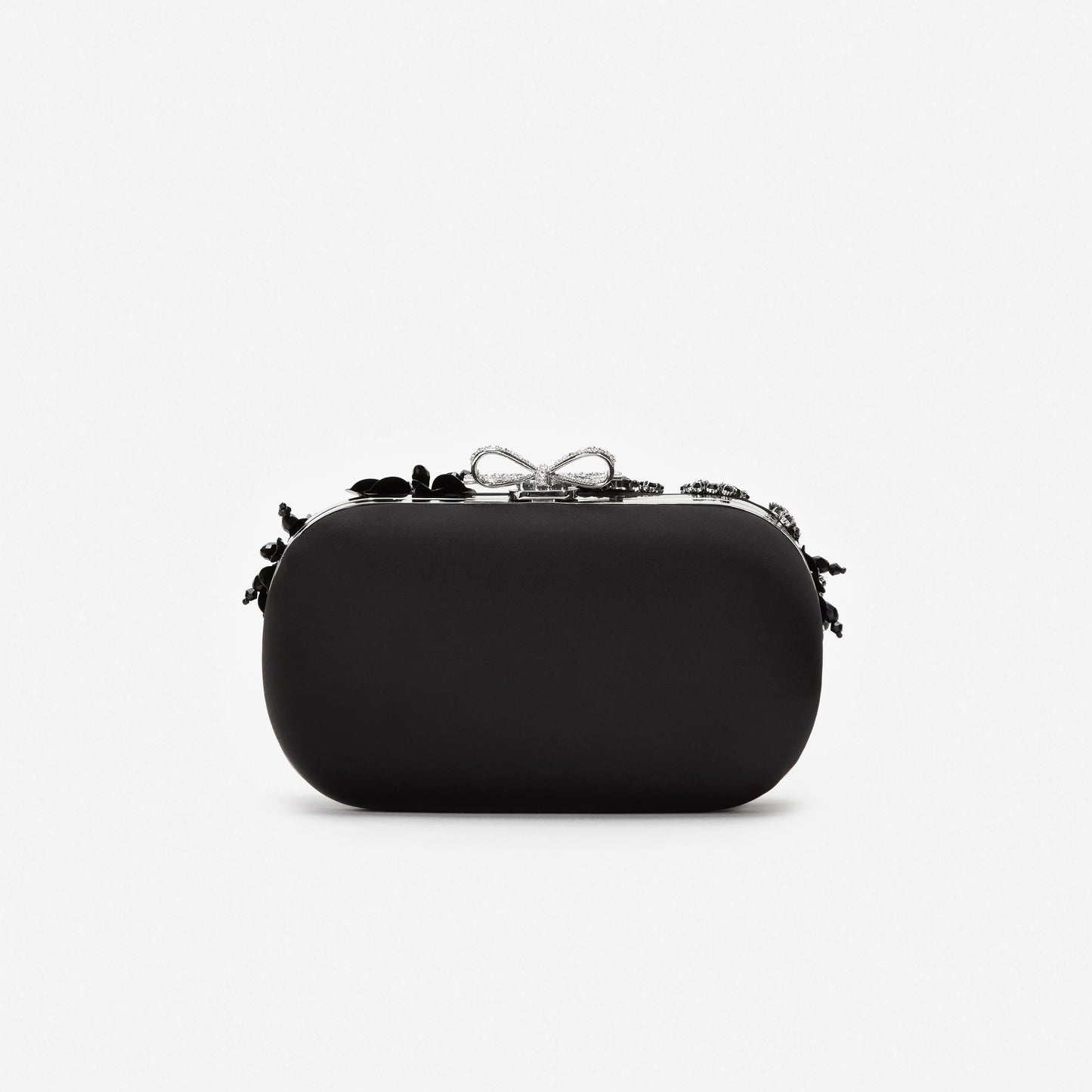 Black Satin Floral Crystal Clutch Bag