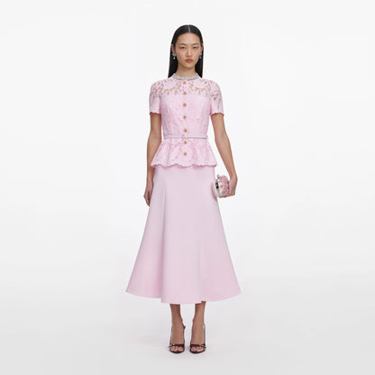 Pink Lace Crepe Midi Dress