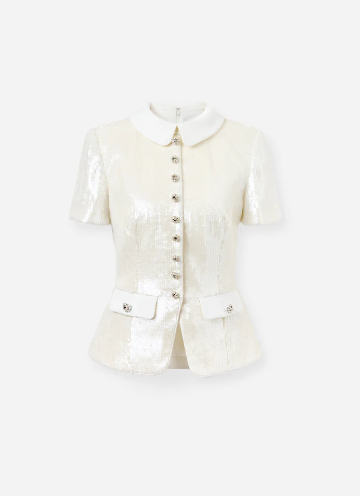 White Sequin Tailored Top