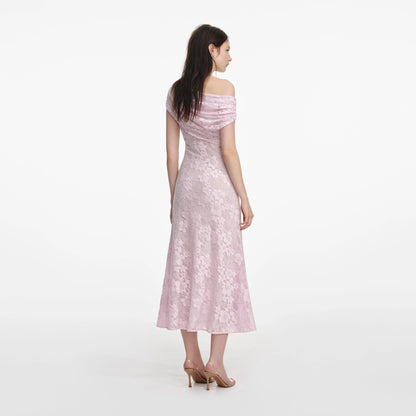 Pink Rhinestone Lace Asymmetric Midi Dress
