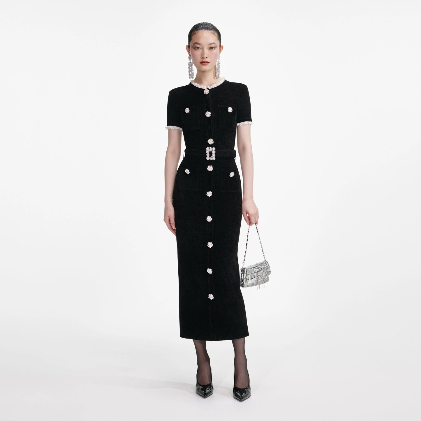 Black Chenille Knit Midi Dress