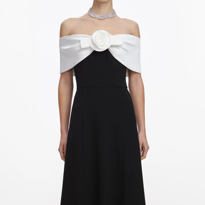 Black Crepe Flower Midi Dress