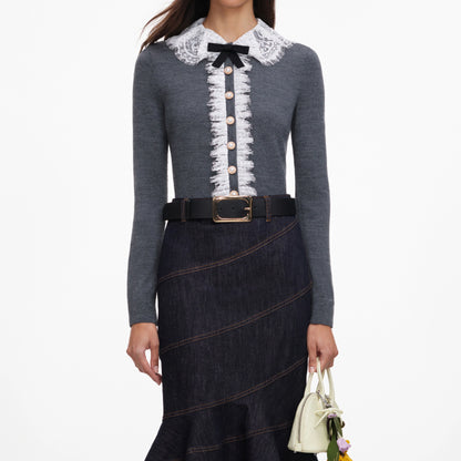 Grey Lace Collar Knit Cardigan