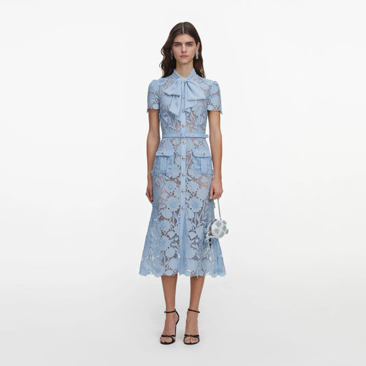 Blue Lace Tie Neck Midi Dress