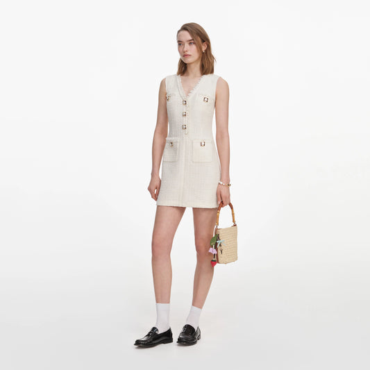 Cream Sleeveless Boucle Mini Dress