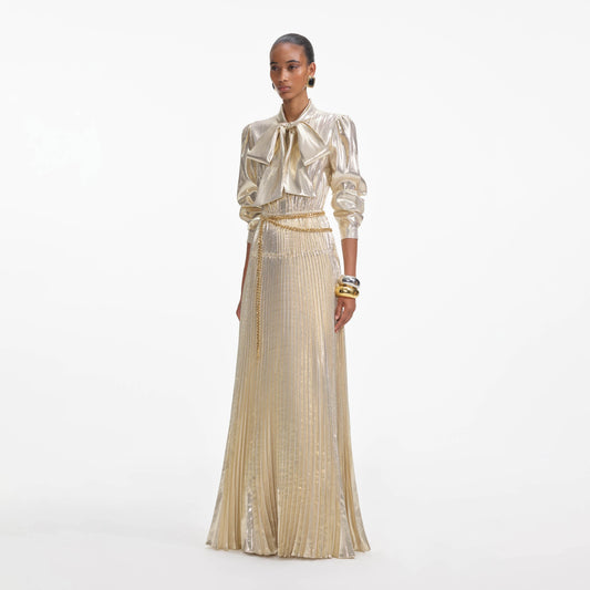 Gold Metallic Tie Neck Maxi Dress