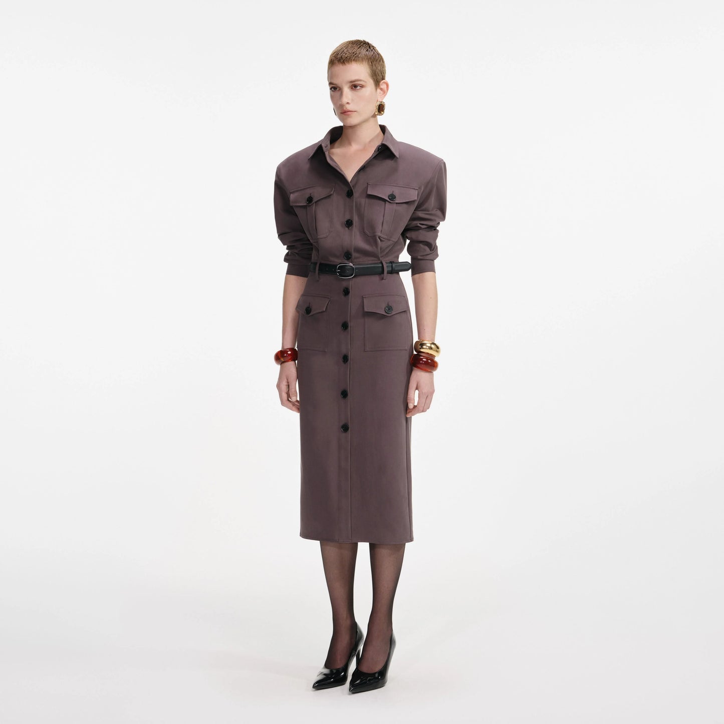 Brown Cotton Belted Midi Dress