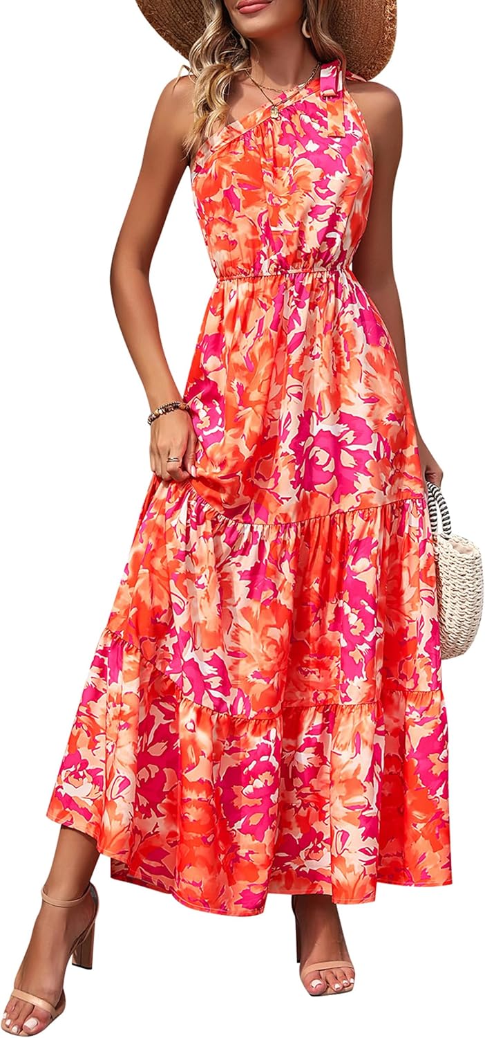 Women's Summer Floral One Shoulder Maxi Dress Knot Ruffle Boho Beach Vacation Wedding Guest Long Sun Dresses