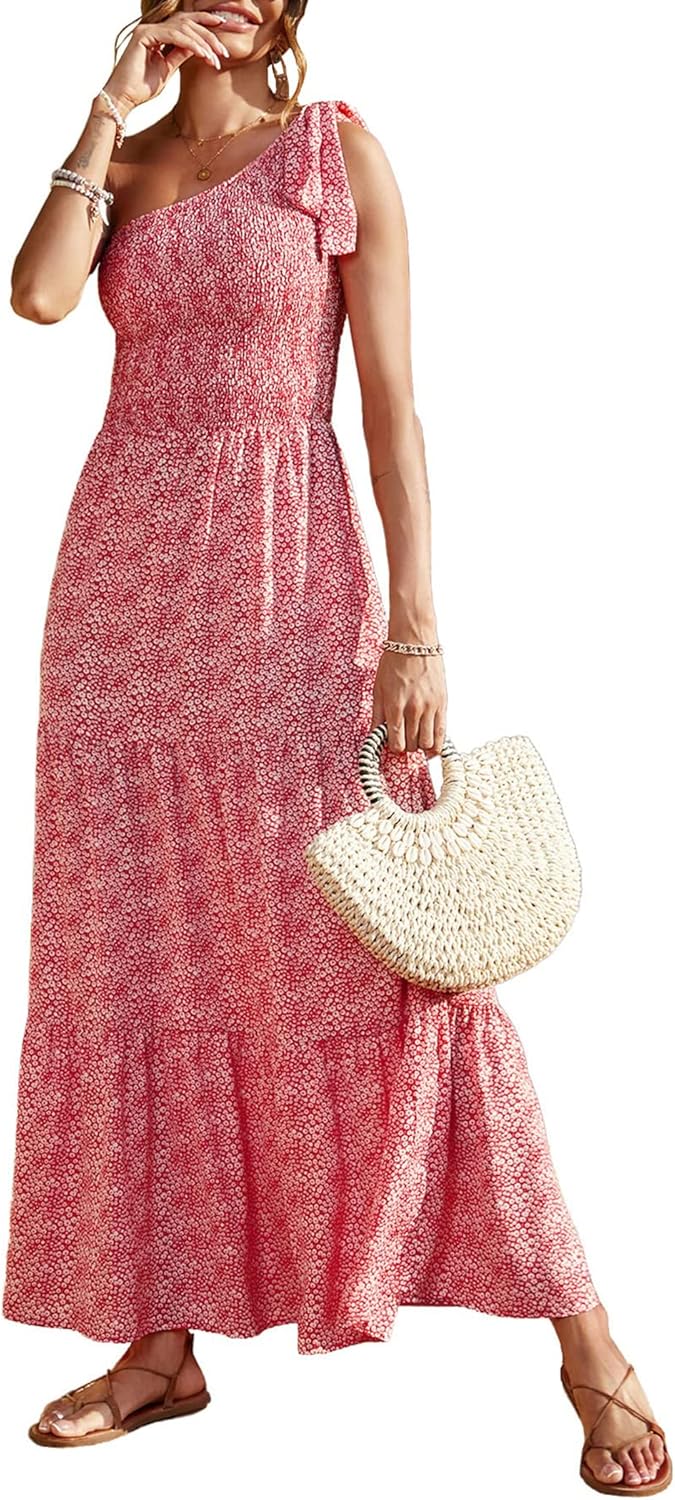 Women's Summer Floral One Shoulder Maxi Dress Knot Ruffle Boho Beach Vacation Wedding Guest Long Sun Dresses