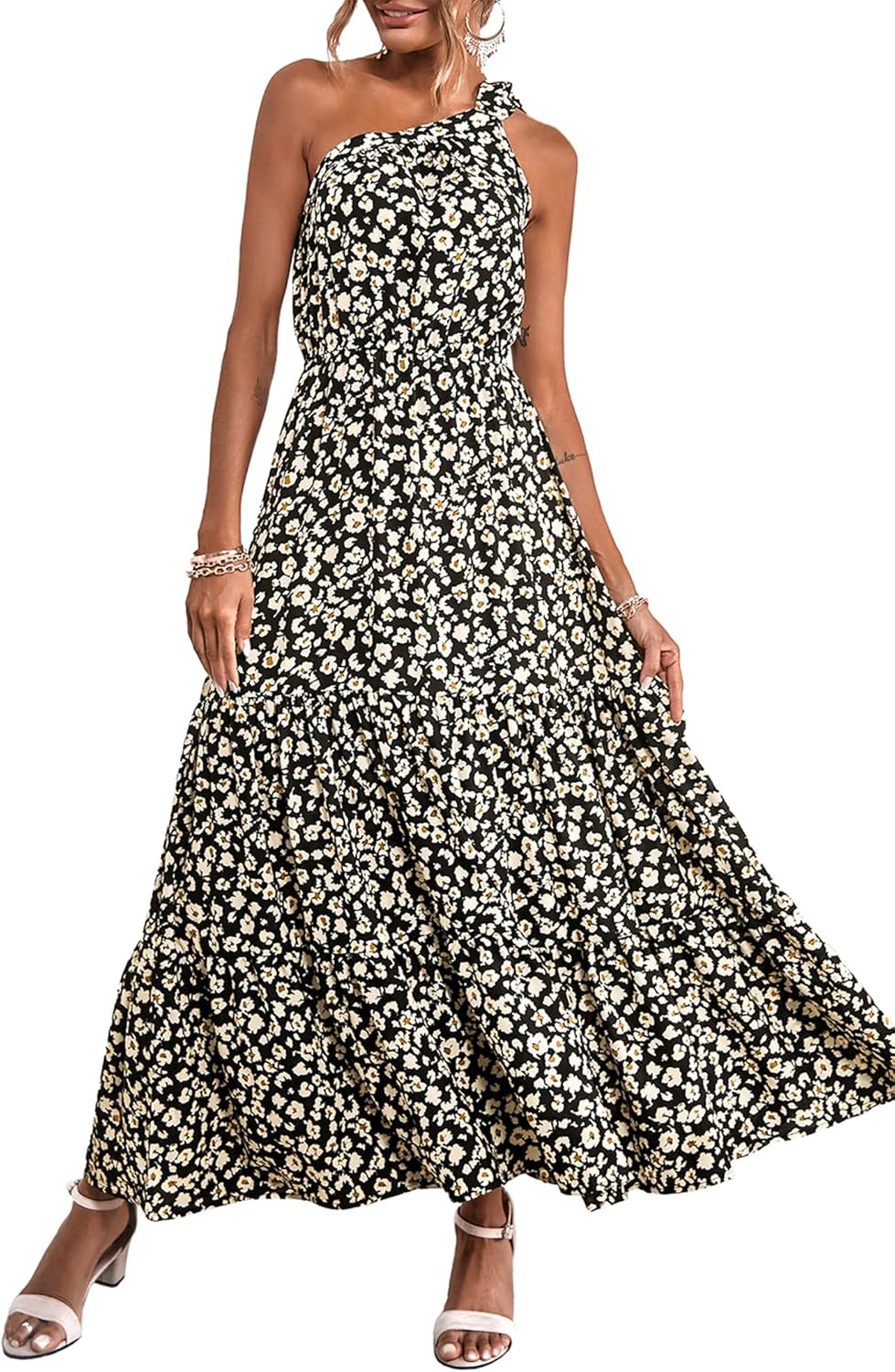 Women's Summer Floral One Shoulder Maxi Dress Knot Ruffle Boho Beach Vacation Wedding Guest Long Sun Dresses