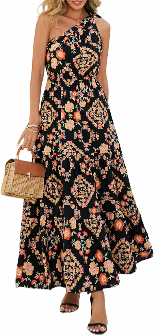Women's Summer Floral One Shoulder Maxi Dress Knot Ruffle Boho Beach Vacation Wedding Guest Long Sun Dresses