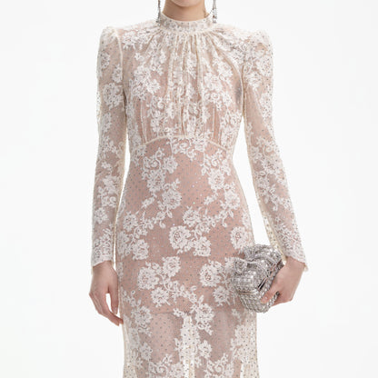 White Rhinestone Lace Maxi Dress