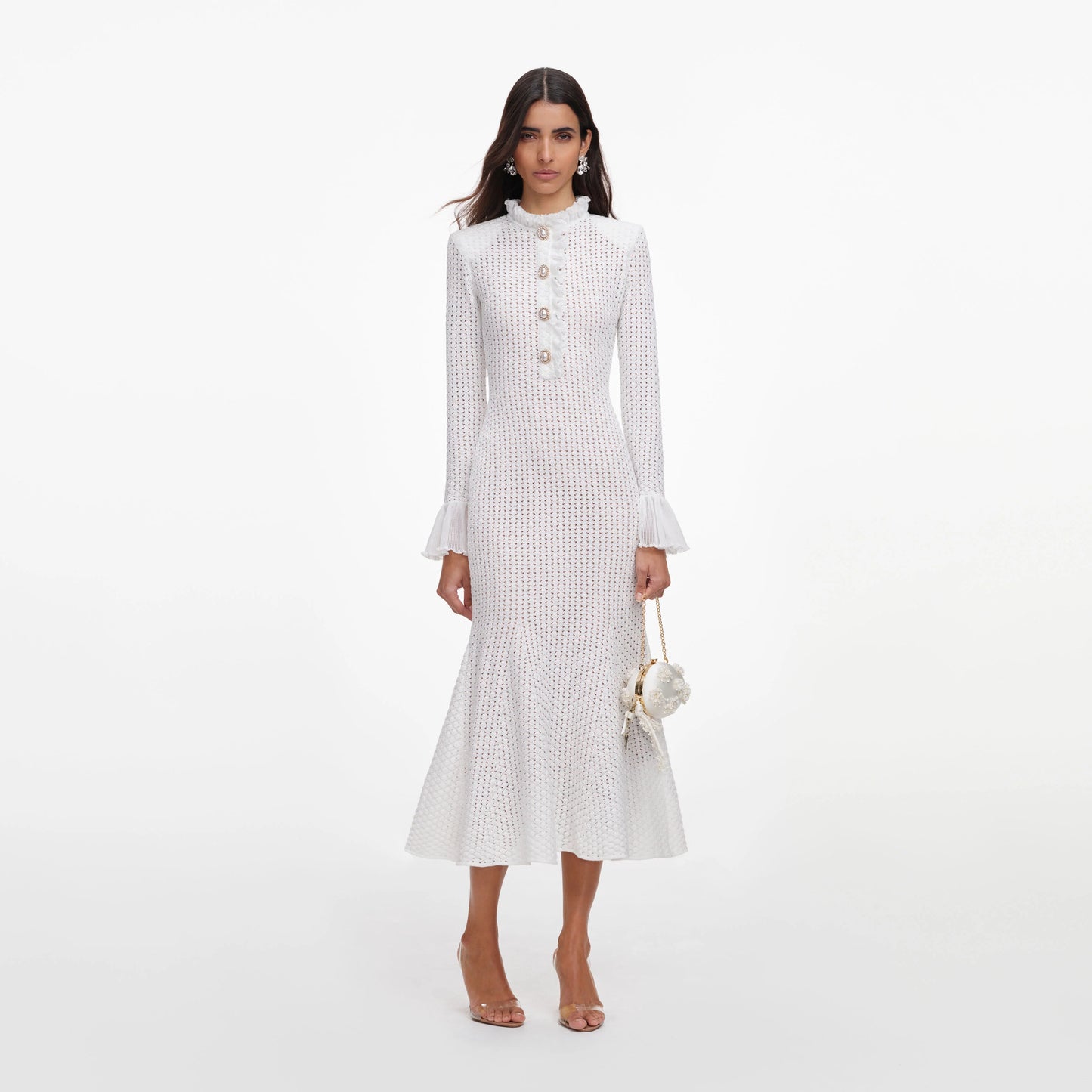 White Pointelle Knit Flare Midi Dress