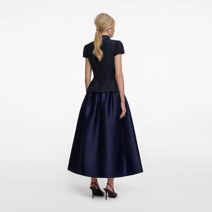 Navy Metallic Boucle Taffeta Midi Dress