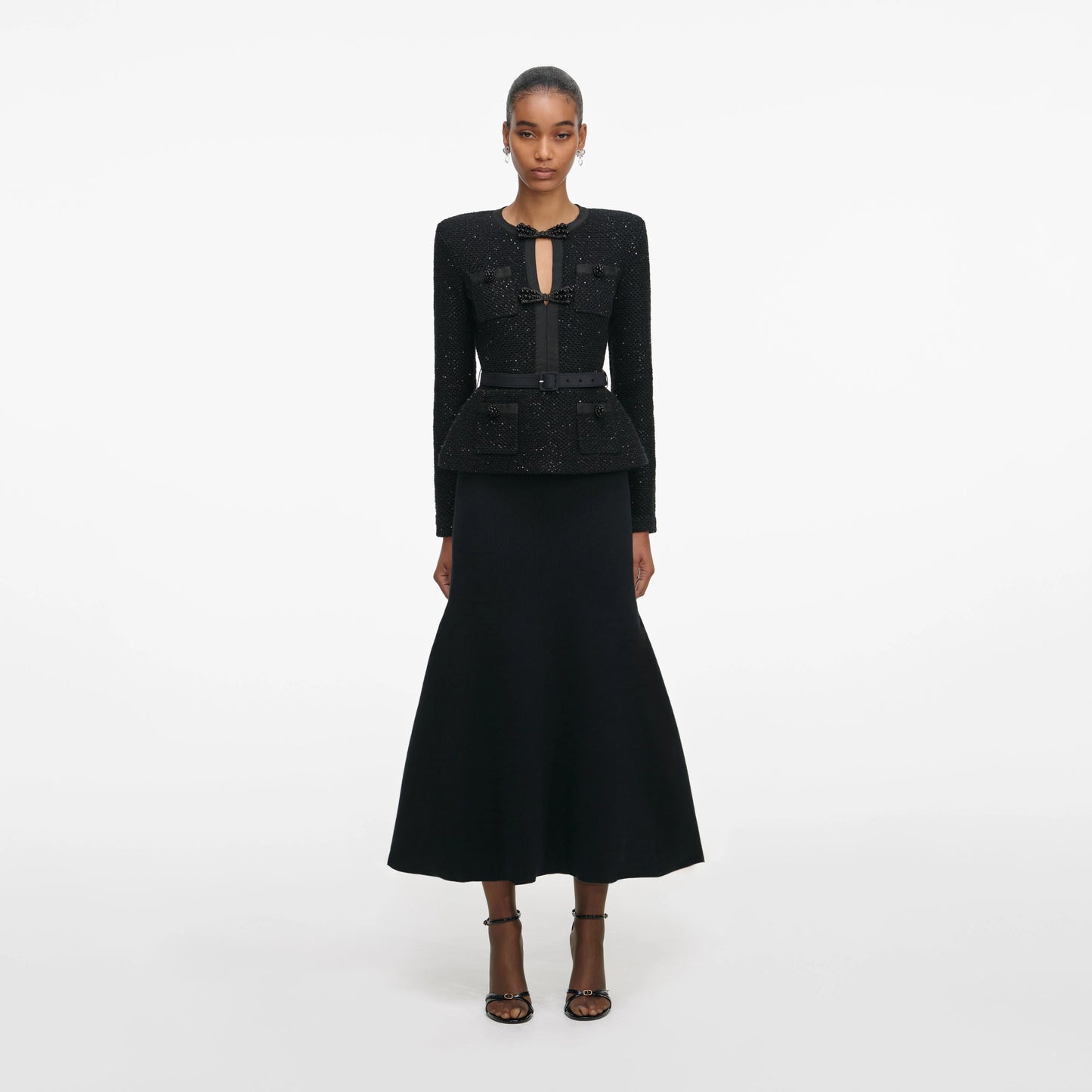 Black Sequin Knit Tailored Midi Dress