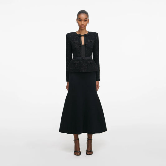 Black Sequin Knit Tailored Midi Dress
