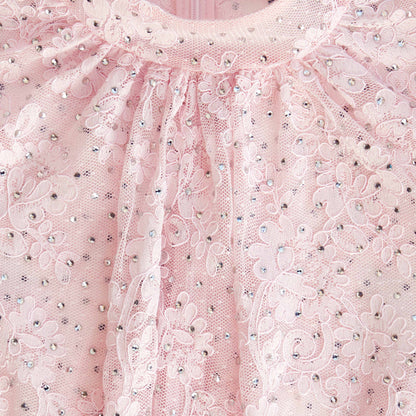 Pale Pink Rhinestone Lace Maxi Dress