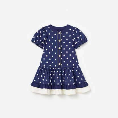 Navy Polka Dot Cotton Printed Dress