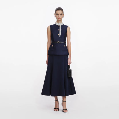 Navy Taffeta Contrast Frill Midi Dress