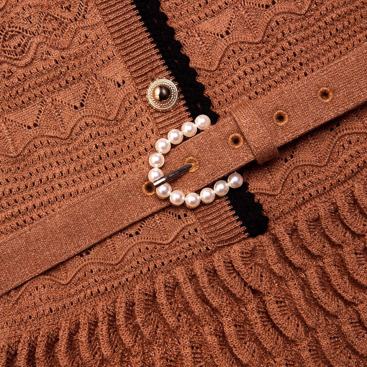 Brown Pointelle Knit Mini Dress