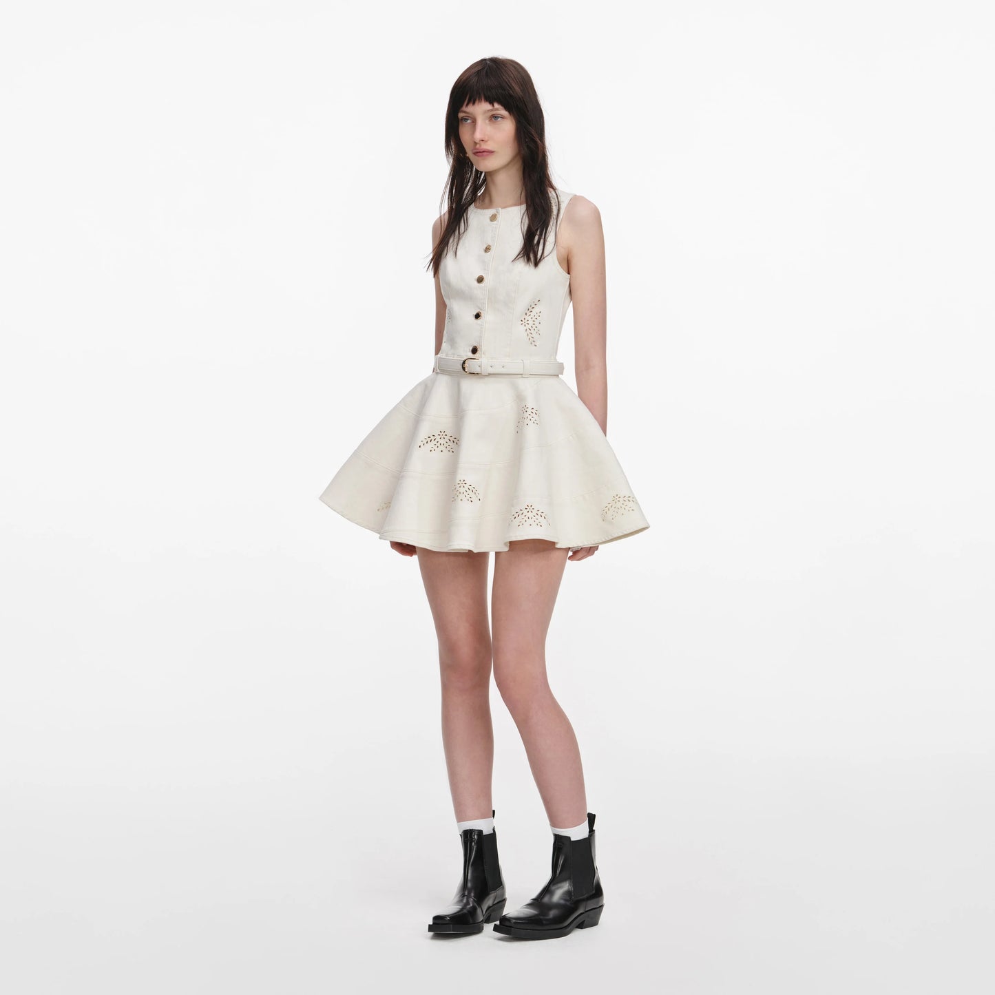 Cream Broderie Denim Sleeveless Mini Dress