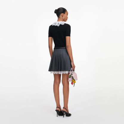 Black Knit Lace Collar Top