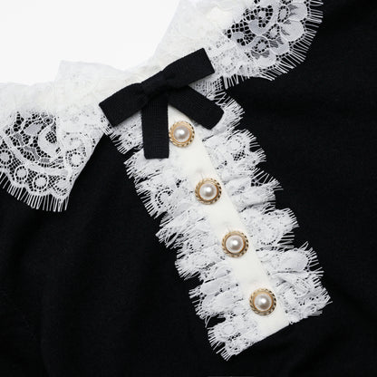 Black Knit Lace Collar Top