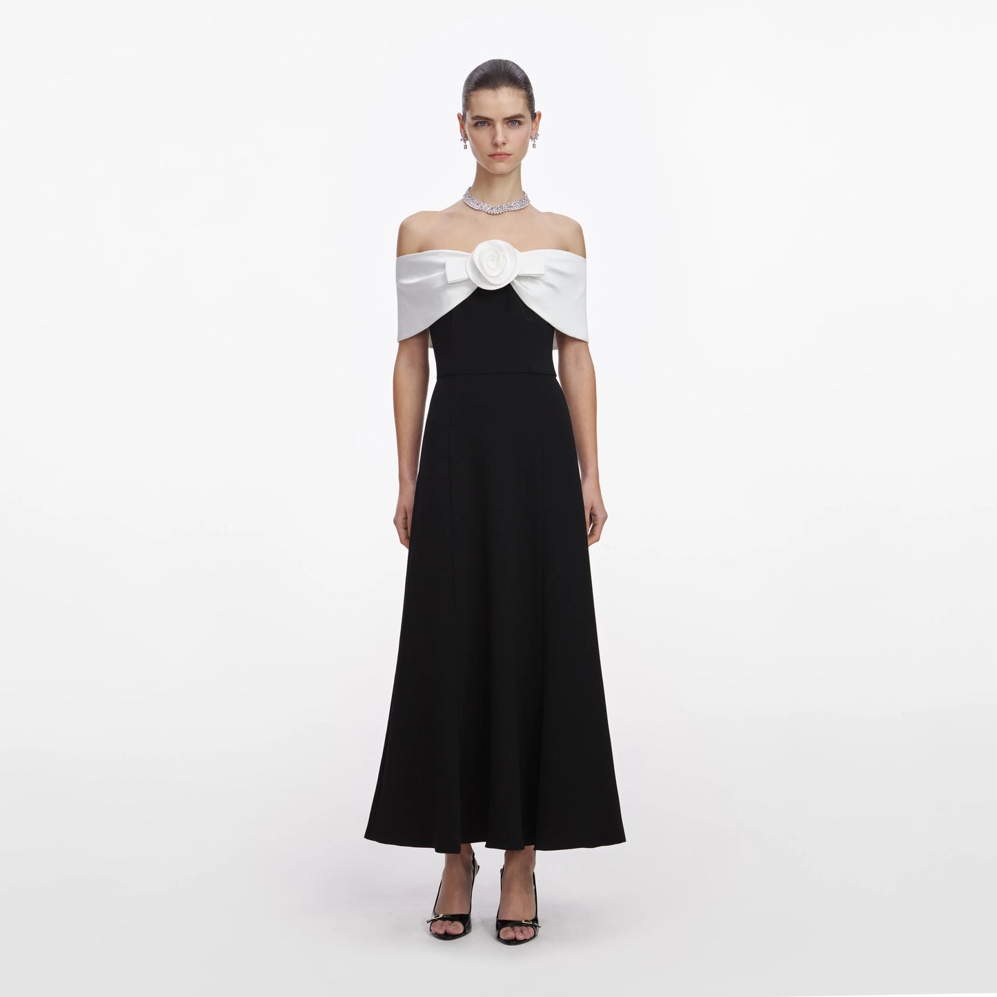Black Crepe Flower Midi Dress