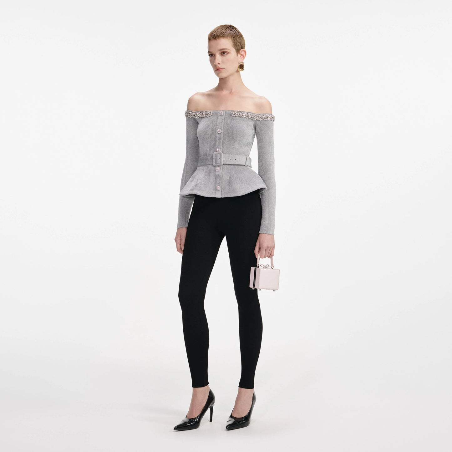 Grey Chenille Knit Crystal Trim Top
