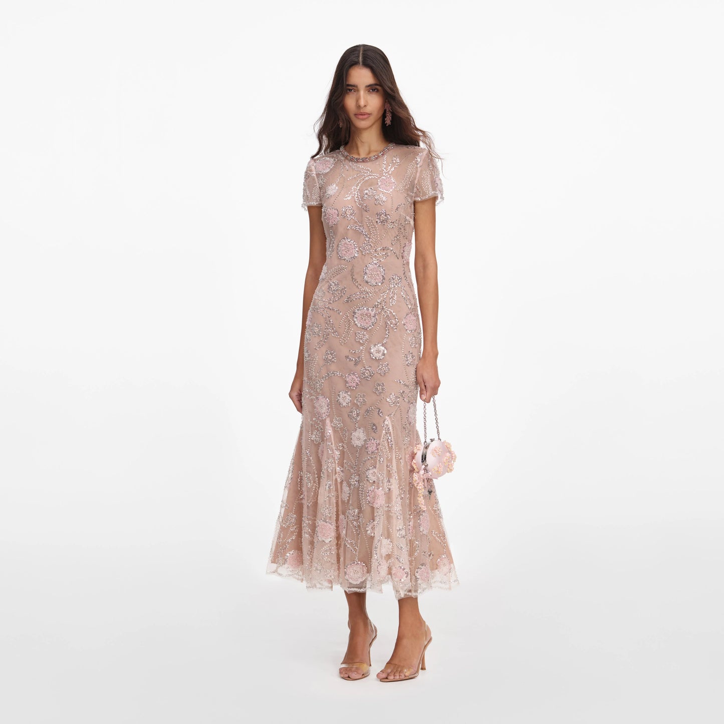 Pink Flower Sequin Embellished Midi Dress