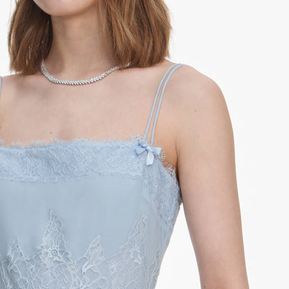 Blue Chiffon Lace Tiered Midi Dress