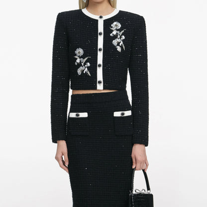 Black Floral Textured Knit Jacket