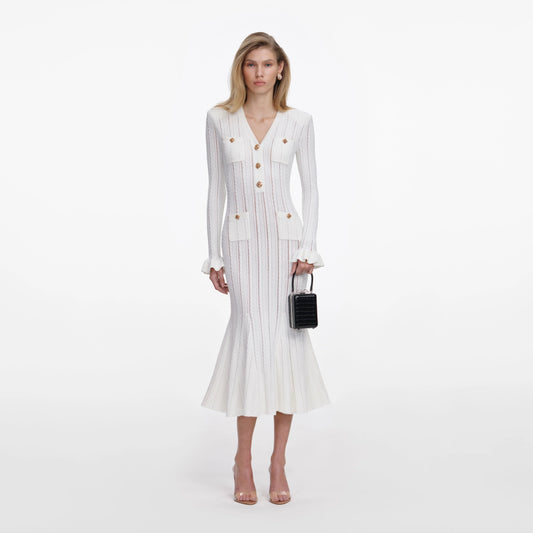 White Pointelle Knit Midi Dress