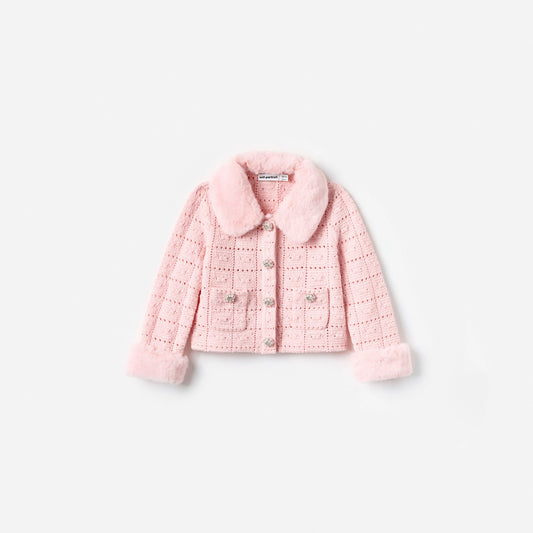 Pink Textured Knit Fur Cardigan