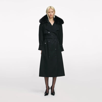 Black Twill Fur Collar Trench Coat