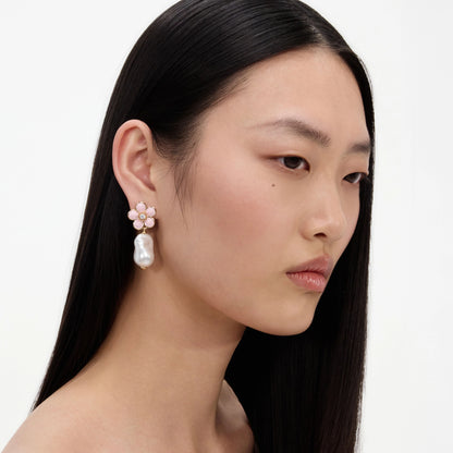 Pink Flower Pearl Drop Earrings