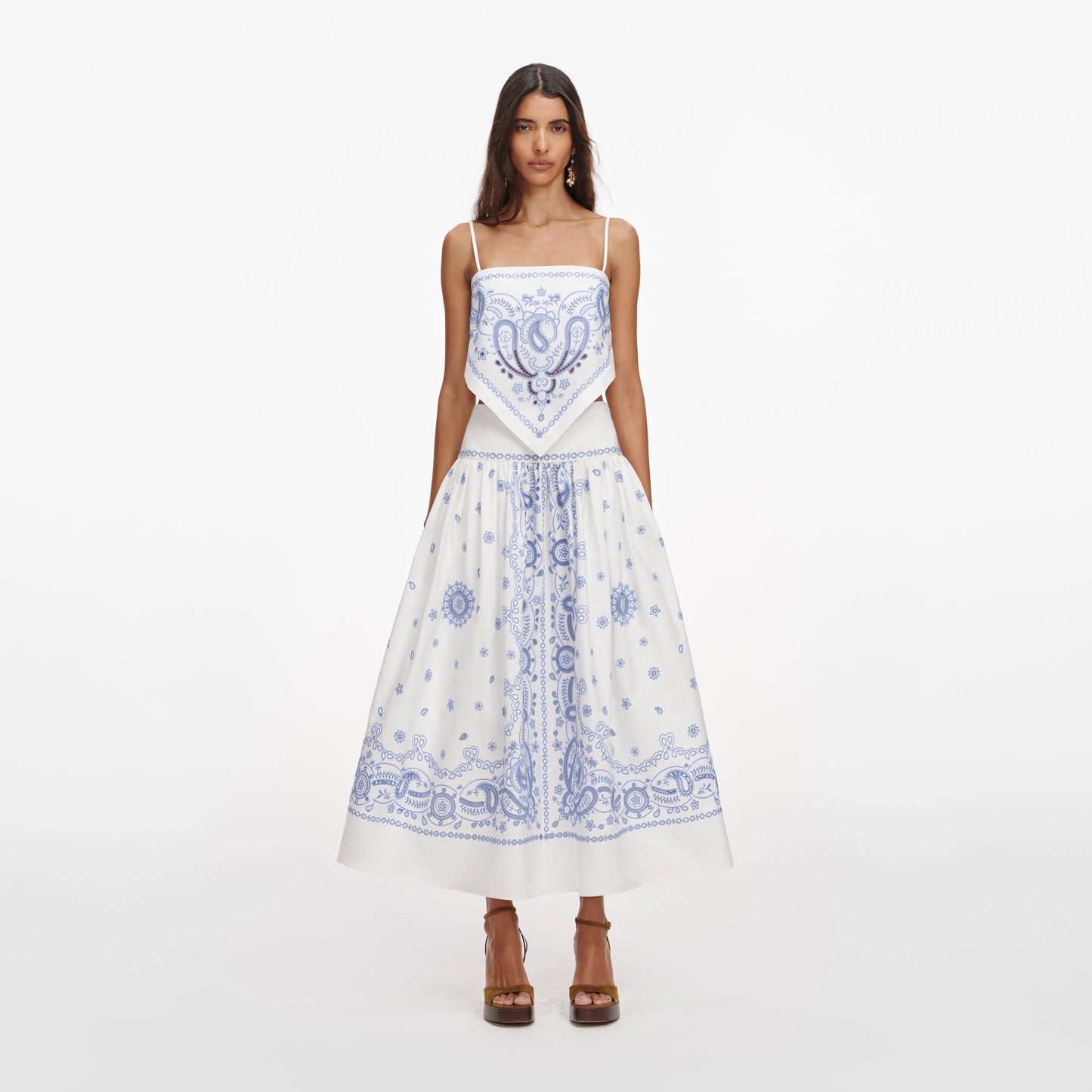 White And Blue Embroidered Midi Skirt