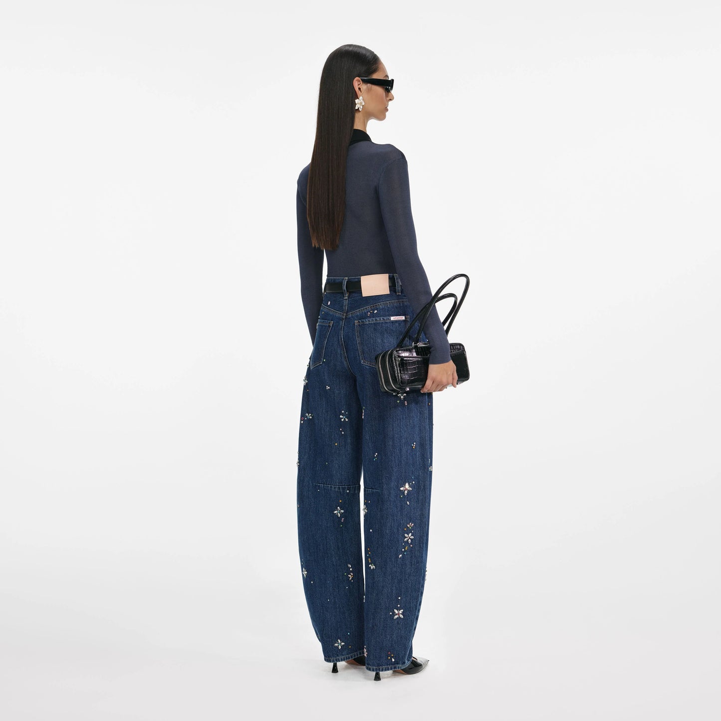 Blue Embellished Barrel Leg Jeans