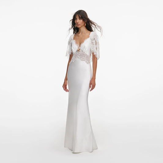 White Fine Lace Satin Maxi Dress