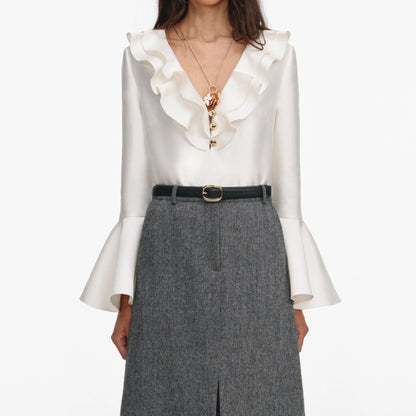 Grey Herringbone Midi Skirt