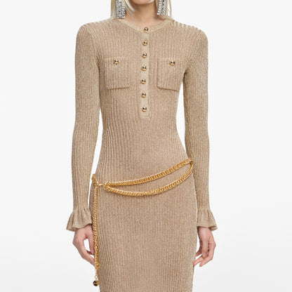 Gold Lurex Ribbed Knit Midi Dress